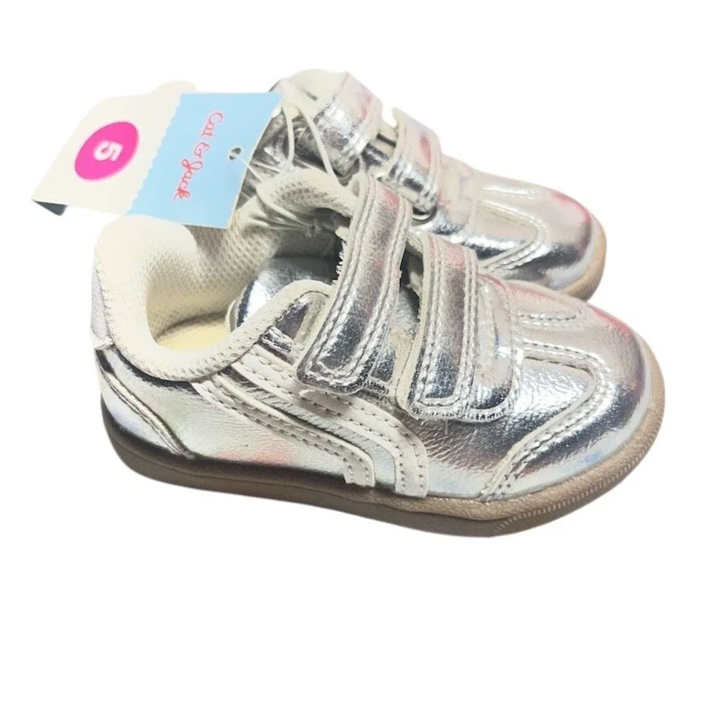 Cat & Jack Toddler Sneakers Unisex Size 5 Silver Metallic Hook & Loop
